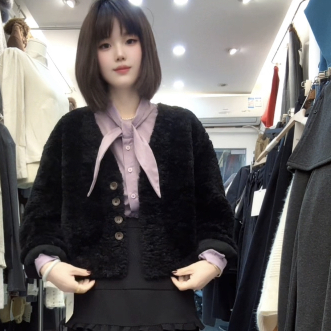V领短款纯外套女韩版宽松长袖秋冬百搭小个子毛毛上衣