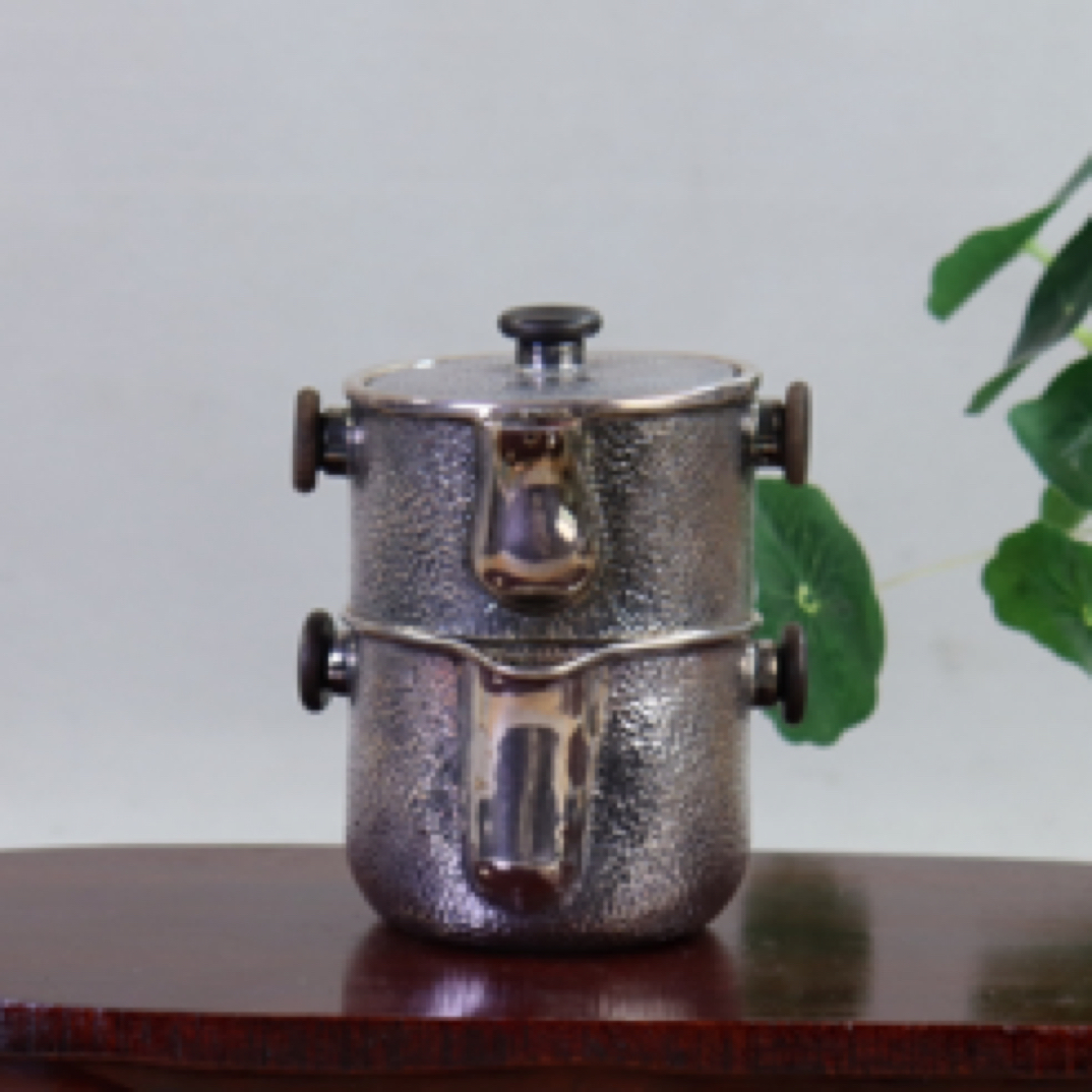 双层手抓壶套装旅行茶具泡茶壶银壶便携茶具纯银