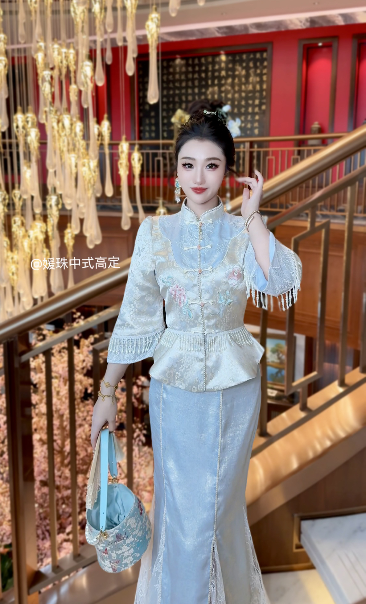 【媛珠 蓝海玉女】重工新中式贵气提花珍珠串套装上衣+半裙鱼尾裙