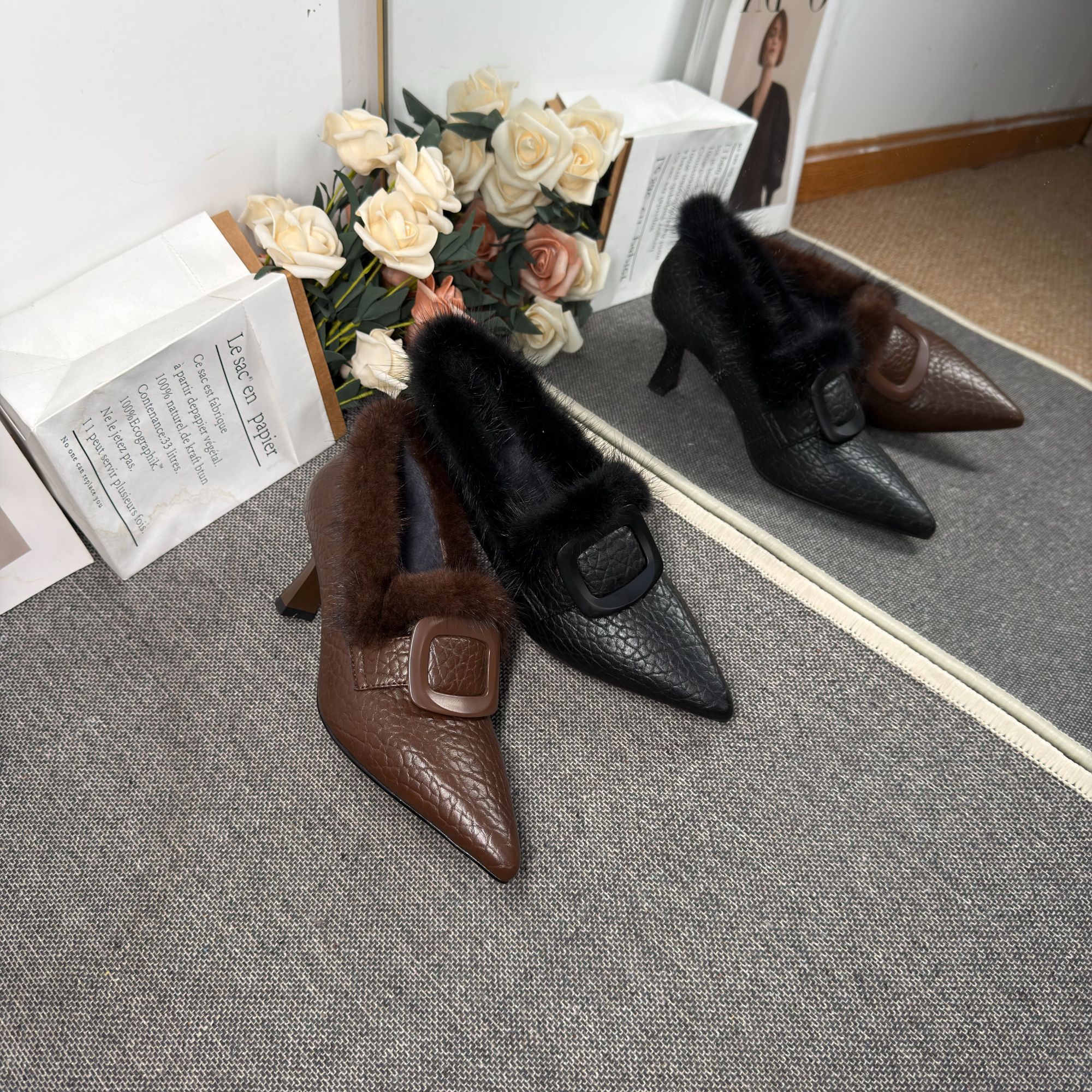 【荔枝纹】MQE/牛皮/6CM/33-40/新款加绒软皮尖头高跟百搭貂毛女鞋