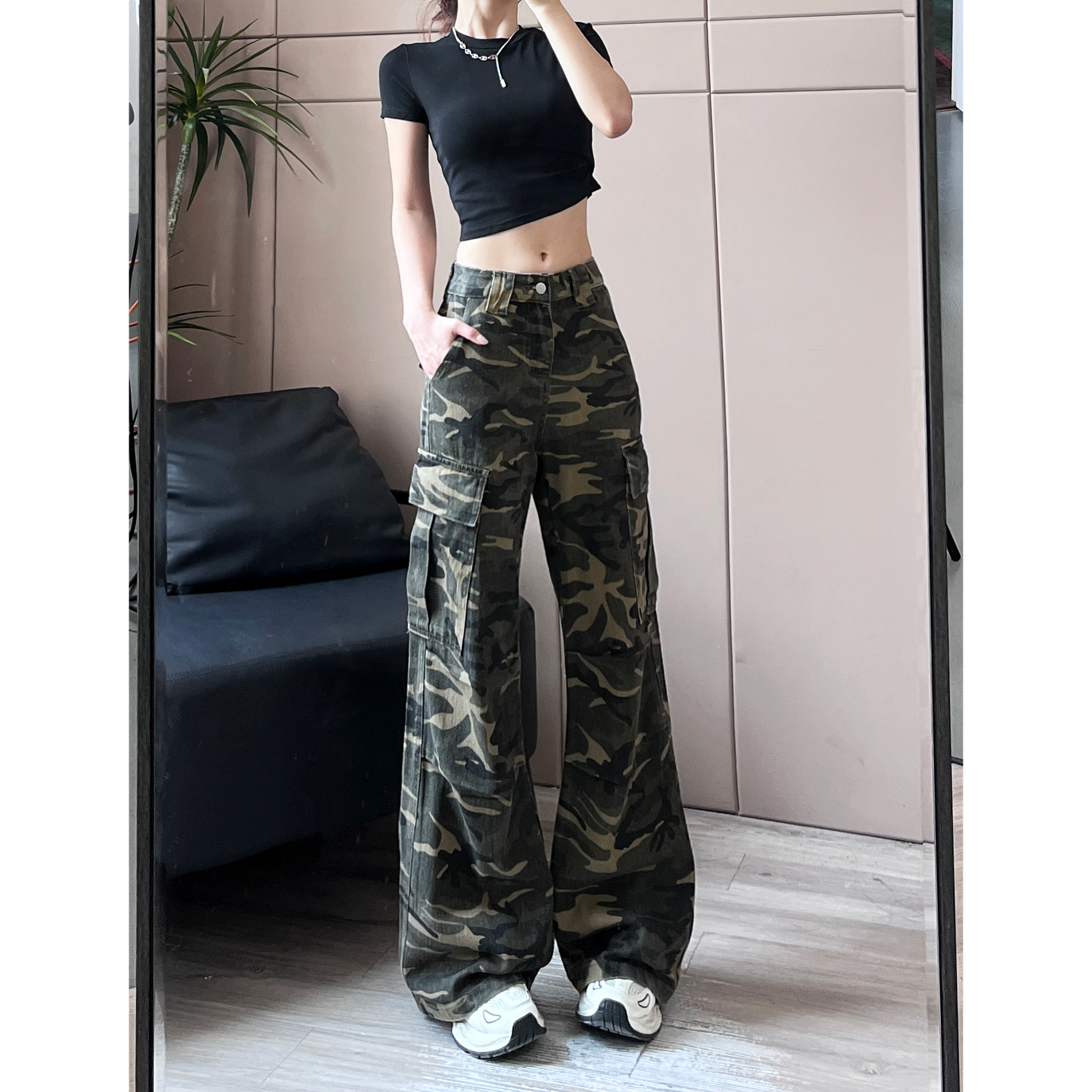 美式辣妹高街迷彩工装裤女高腰直筒多口袋阔腿休闲拖地长裤-7035