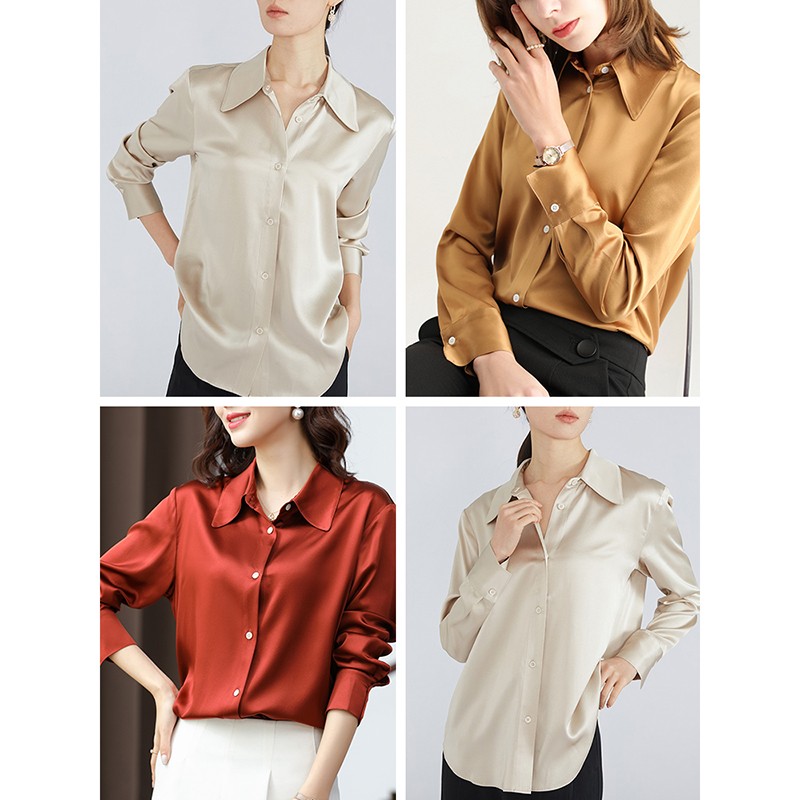 SILVIYE40姆米重磅真丝上衣桑蚕丝缎面长袖衬衫红色衬衣秋CS4093