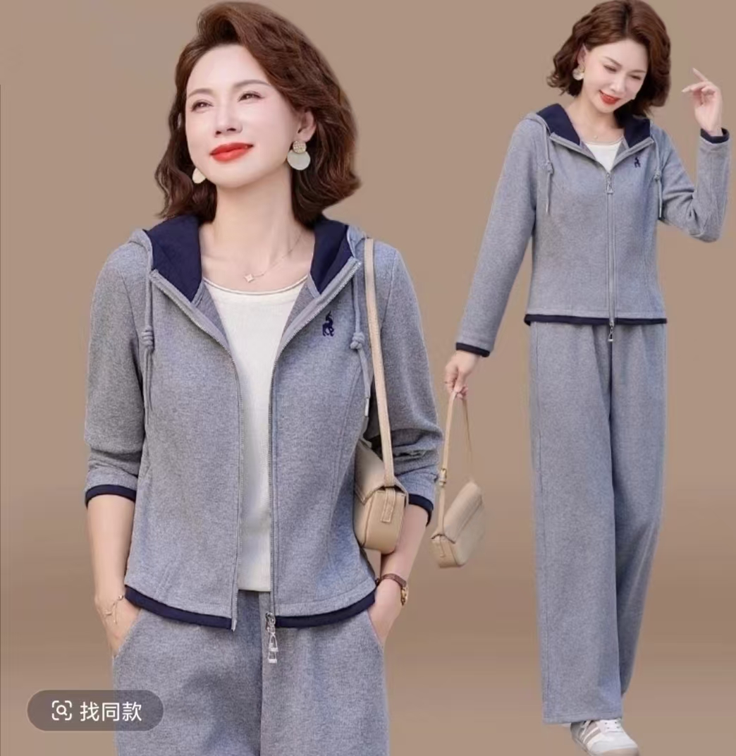 2025年春秋季高级感拉链连帽卫衣套装女休闲运动套装阔腿裤两件套