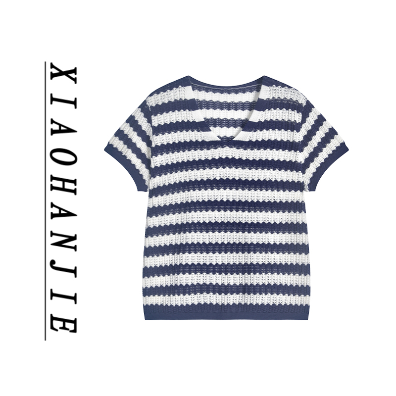 68093女装套纹时尚百搭针织短袖夏季新款撞色上衣