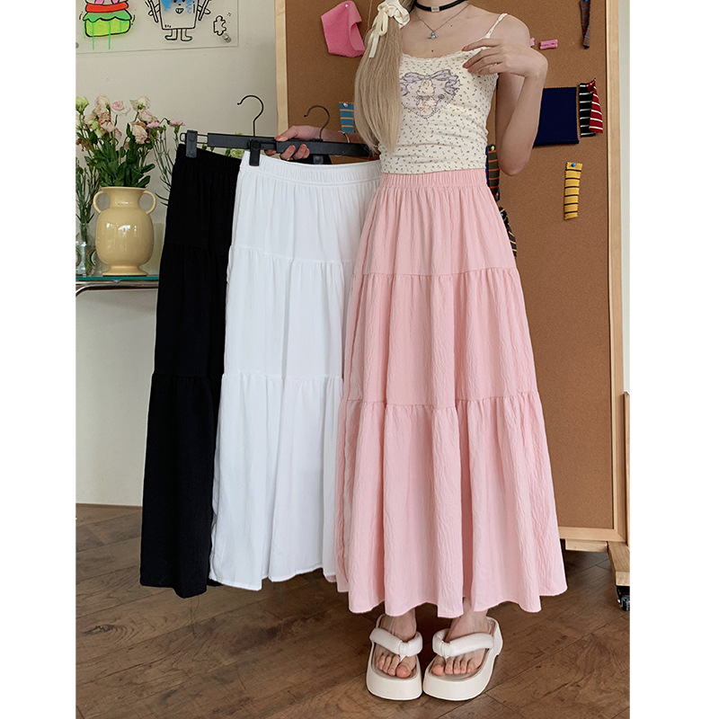 白色韩系温柔风高腰显瘦百搭半身裙松紧腰甜美小个子中长裙