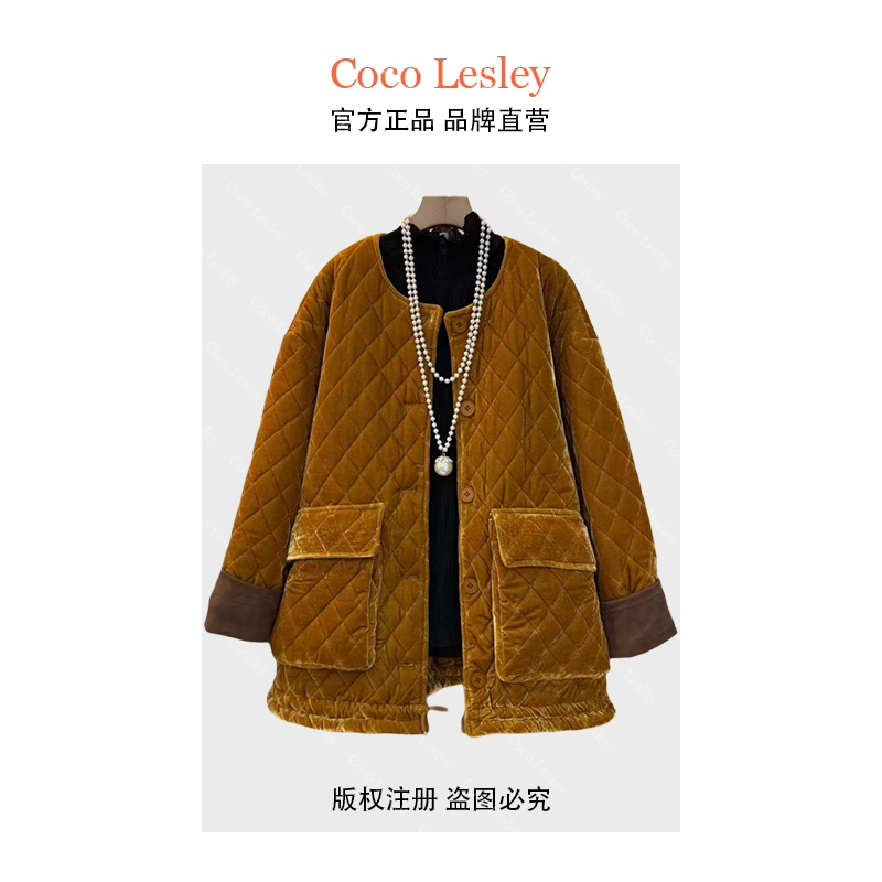 COCO LESLEY冬季新款时尚菱格上衣胖MM大码宽松显瘦遮肉棉服外套