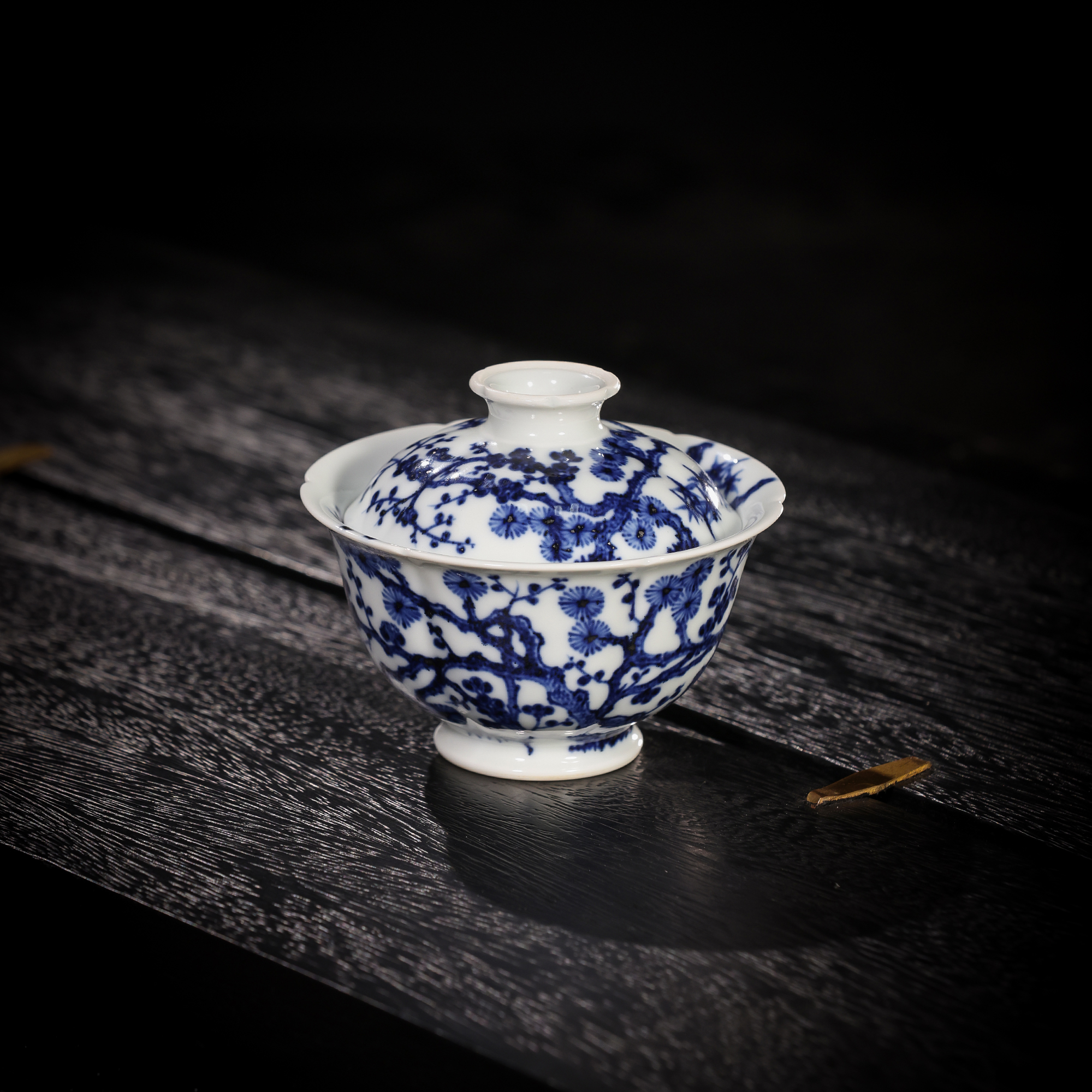 愚拙造物青花松竹梅花口盖碗景德镇复古陶瓷纯手工手绘泡茶茶器