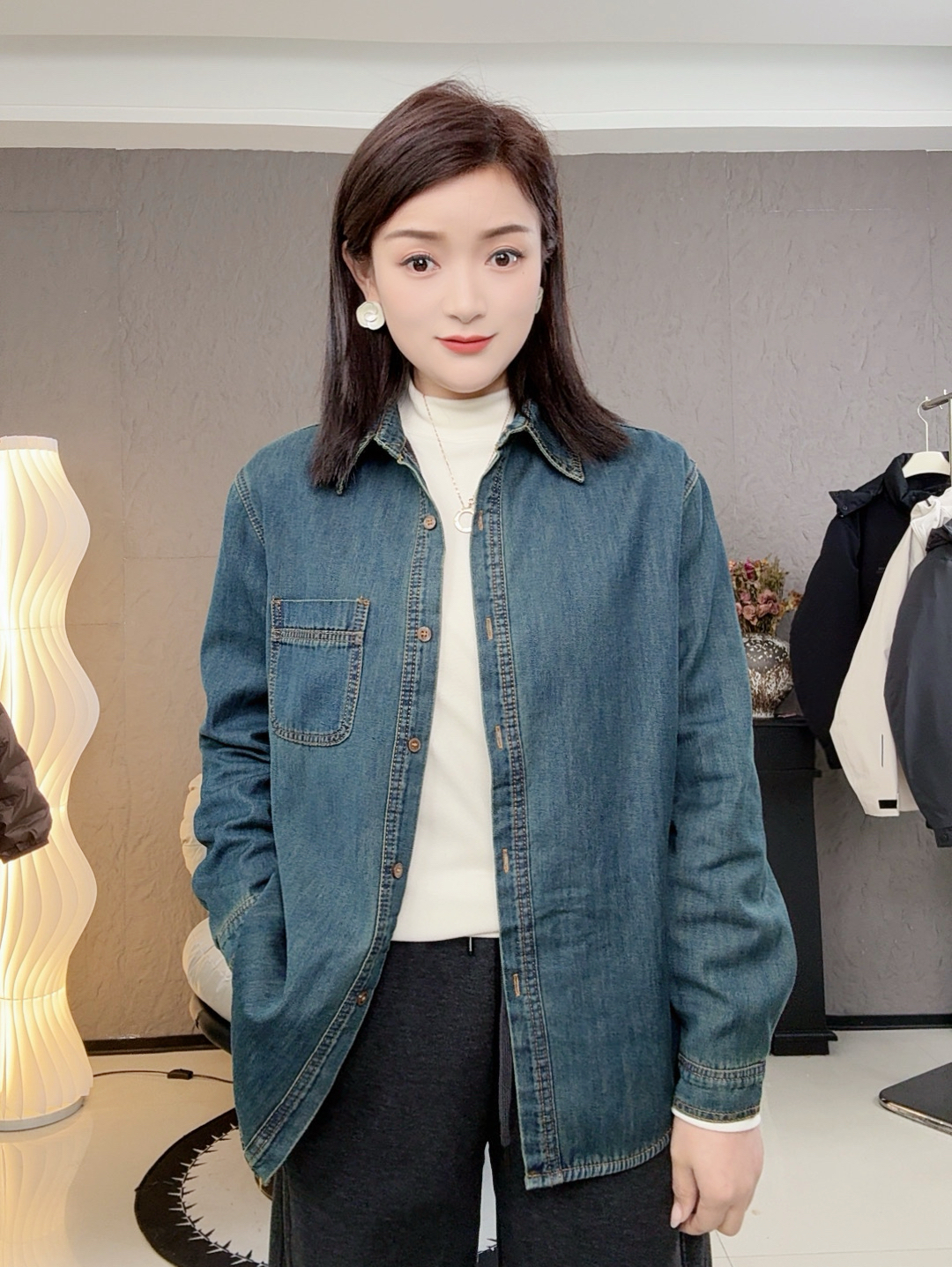 【兰菲娅】冬季加绒加厚复古牛仔衬衫外套 1150