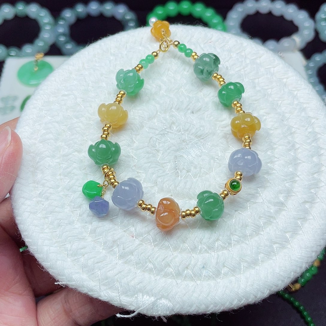 翡翠18K金镶嵌手链天然缅甸翡翠A货卡10