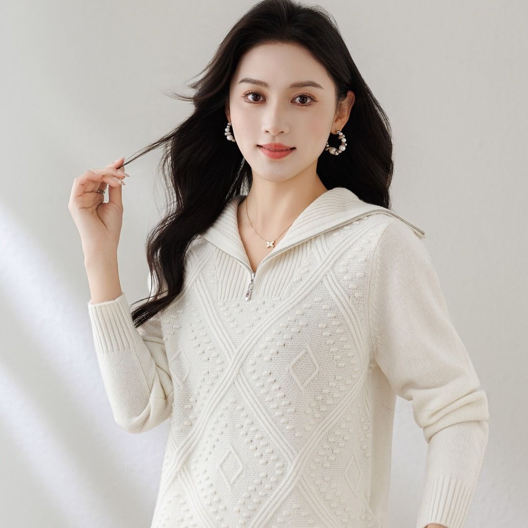 （约350-380克）菱形格半拉链100%山羊绒套头