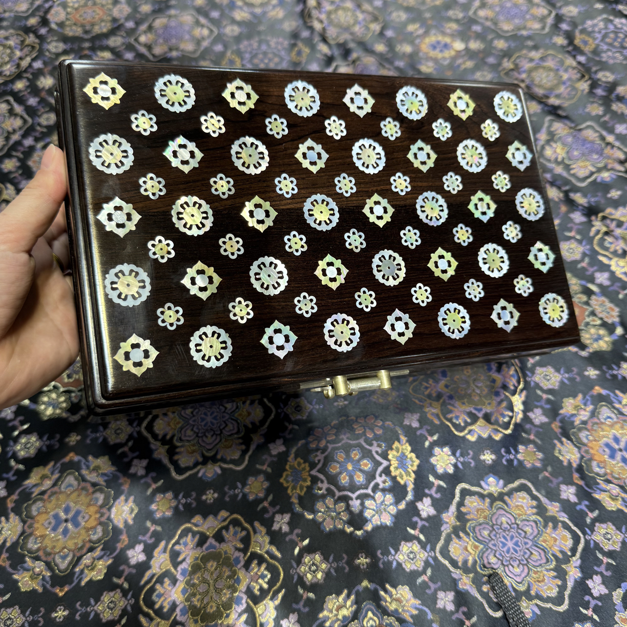 奢侈品紫光檀镶嵌螺甸宝相花首饰盒珠宝文玩收纳盒