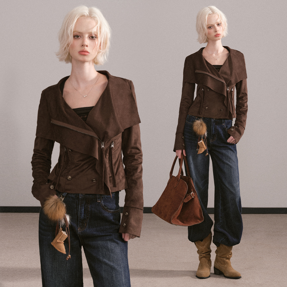 Mess Studio圆领宽松型翻领短款长袖女短外套复古气质系带显瘦