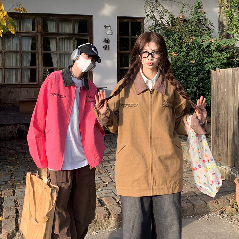 HJ5377春秋潮牌美式复古情侣百搭设计感撞色休闲字母翻领夹克