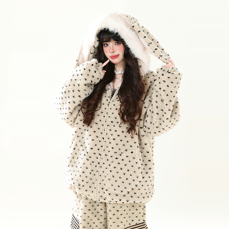 韩版波点兔耳毛绒连帽外套珊瑚绒睡衣女款冬季加厚保暖家居服套装