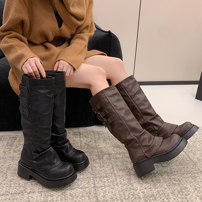 复古仿皮英伦风大头皮带扣马丁靴女2025秋冬新款时尚小个子长筒靴