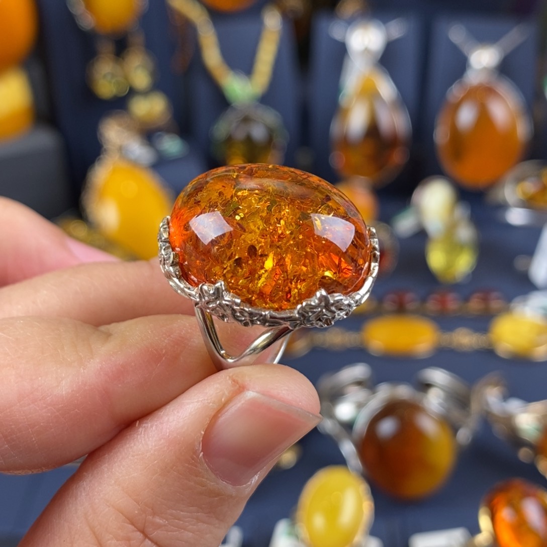 琥珀戒指银S925镶嵌设计