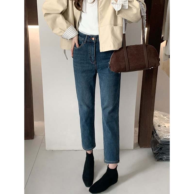 秋冬加绒牛仔裤女冬季新款高腰法棍裤显瘦加厚保暖休闲百搭8171F