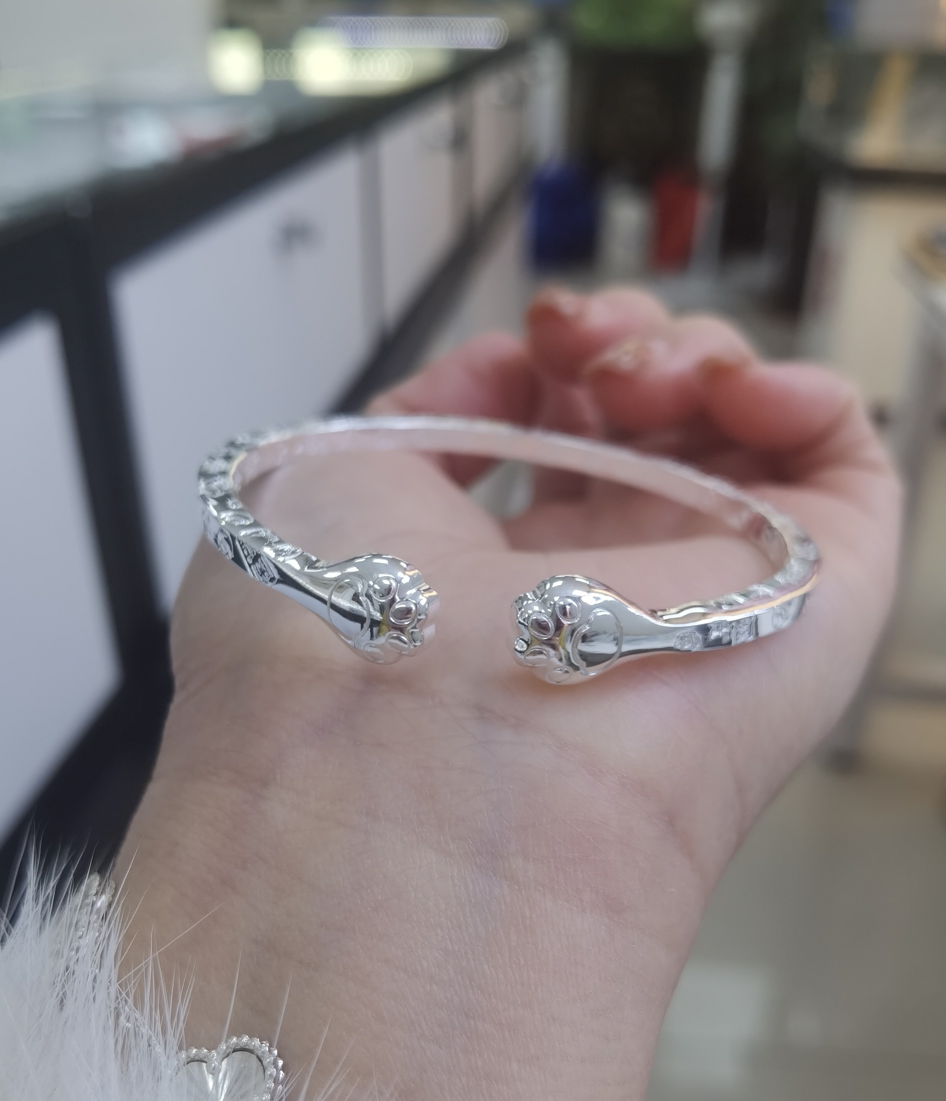 足银手镯 足银999.9亮面吉言猫爪实心开口年轻时尚银手镯镯子