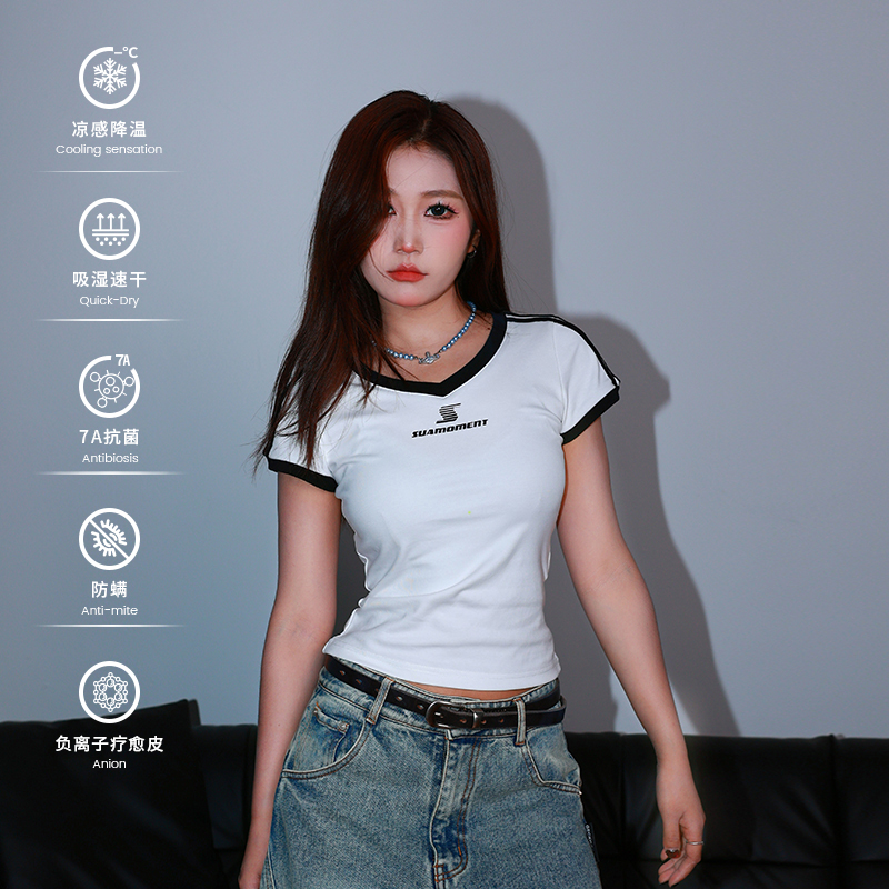 SuaMoment抓痕运动撞色条纹短袖女夏季美式潮牌修身显瘦休闲T恤