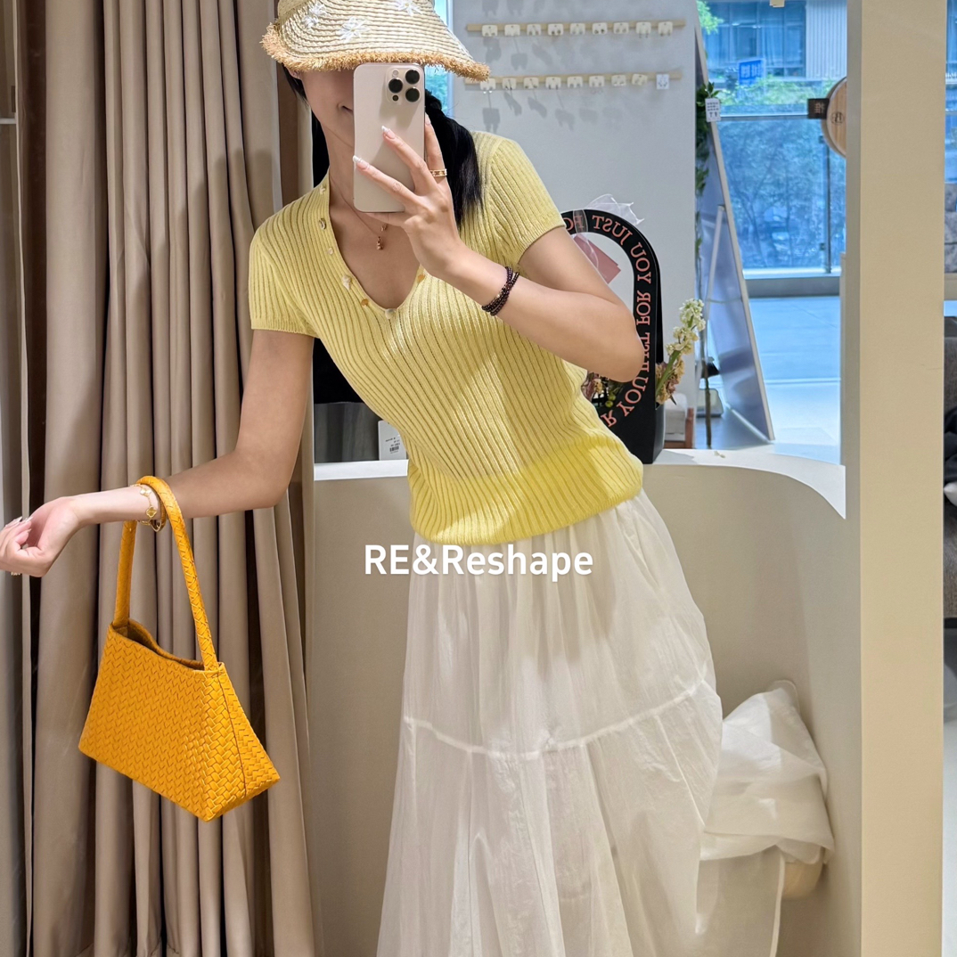 抗皱女装法式短袖初秋针织衫拼接提花高腰毛针织衫女
