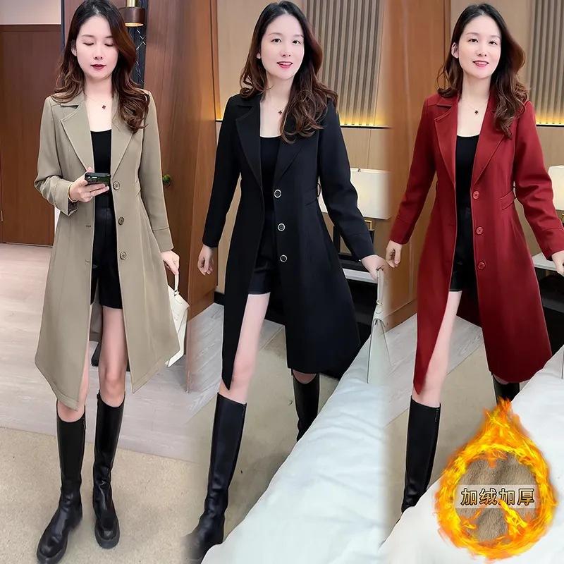 跨境外贸风衣外套女秋冬新款加绒加厚时尚西装领收腰中长款外衣