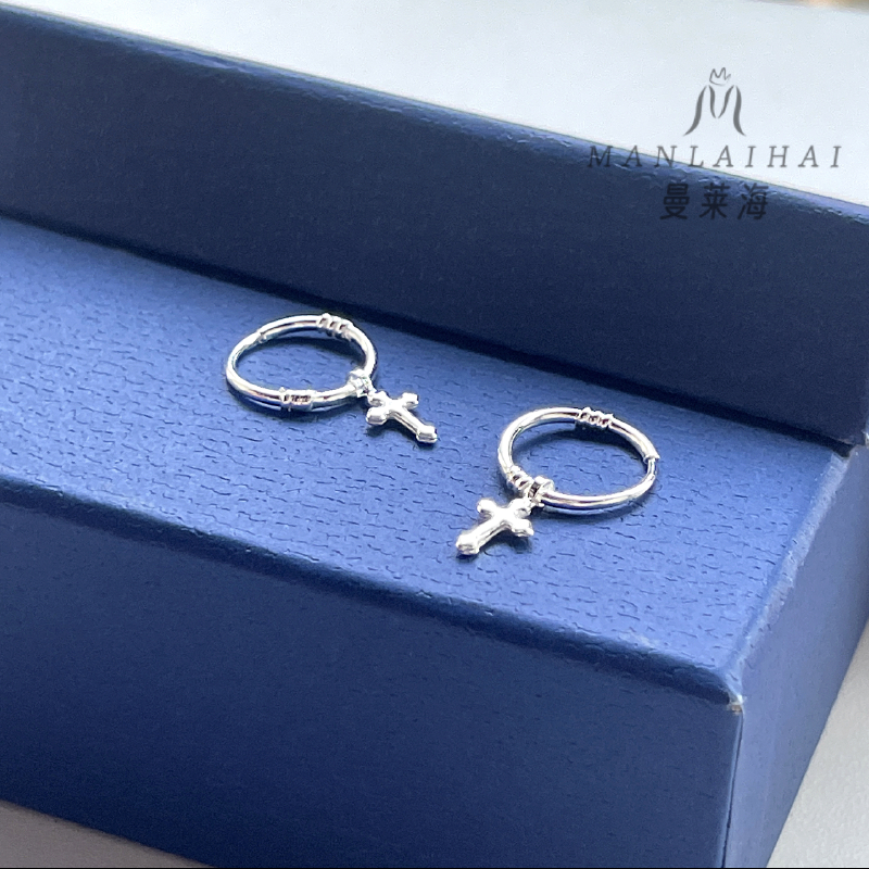 足银耳饰 十字小耳圈养耳洞耳饰简约小巧个性纯银耳坠正品百搭