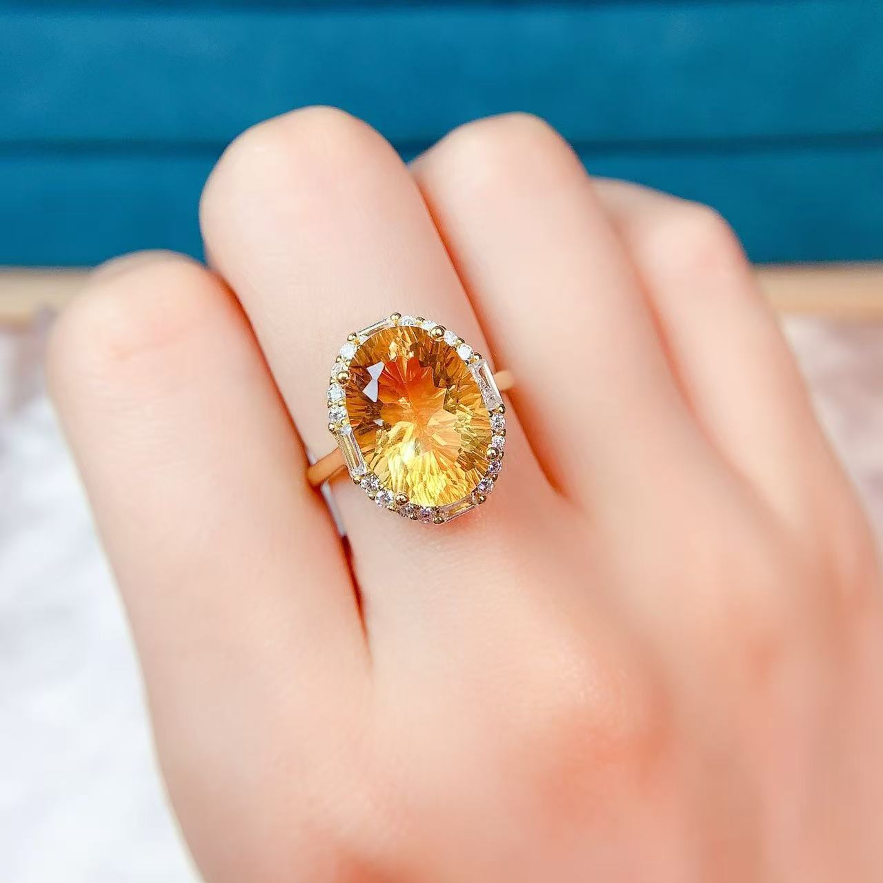 10*14天然巴西黄水晶戒指重工轻奢感时尚