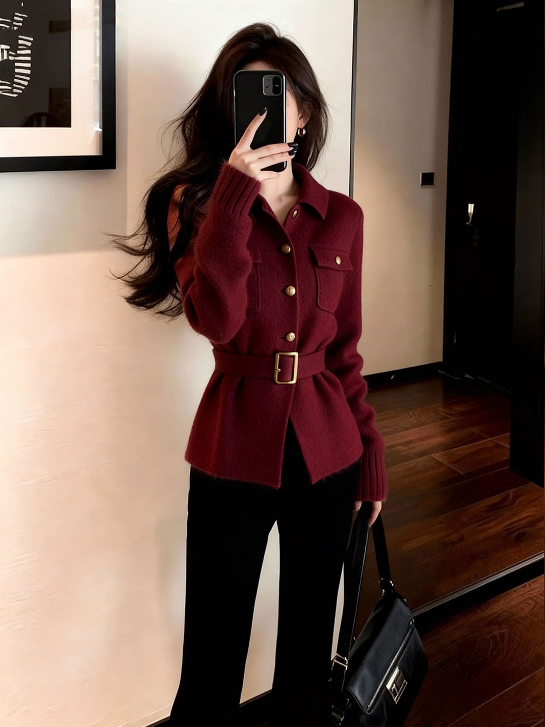 潮流时尚百搭中性风针织时尚红色上衣女2025冬POLO领收腰毛衣开衫