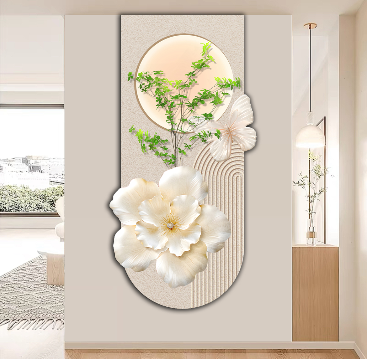 D174奶油风花卉客厅装饰画精雕绿植入户门玄关过道装饰挂画捡漏