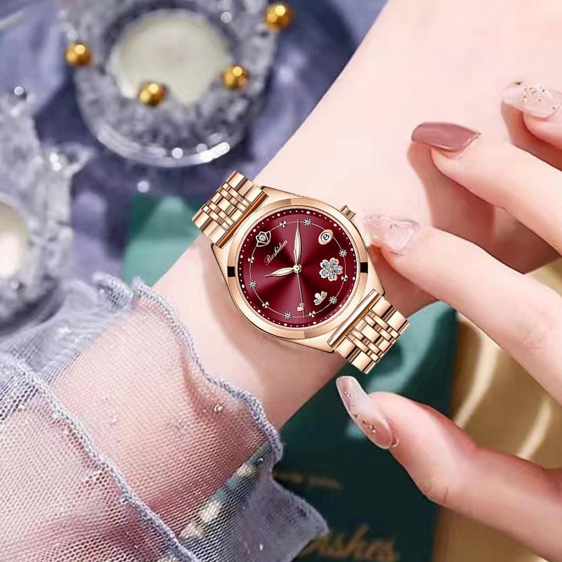 时髦简约休闲款樱花红面简洁石英女士手表8177钢带专属