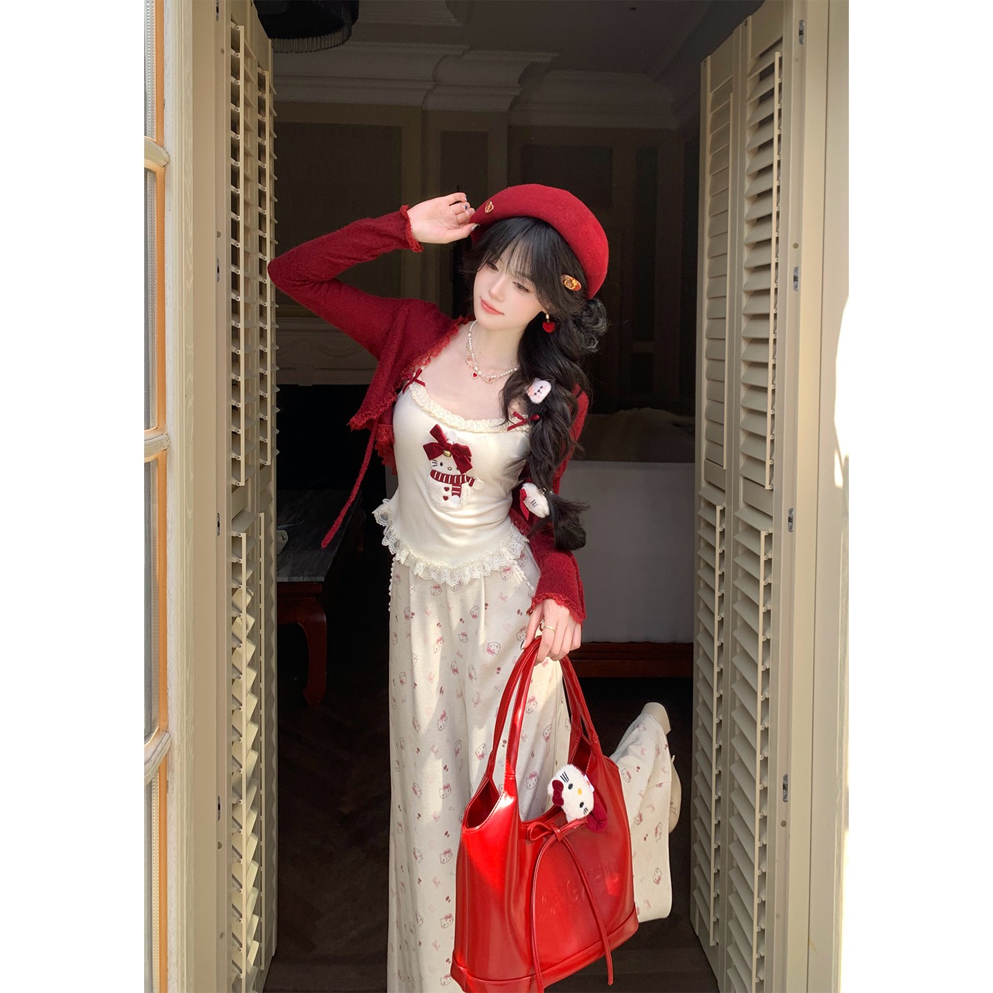 Blovelan玩味甜心 甜美少女kitty吊带+针织开衫+卡通高腰休闲长裤