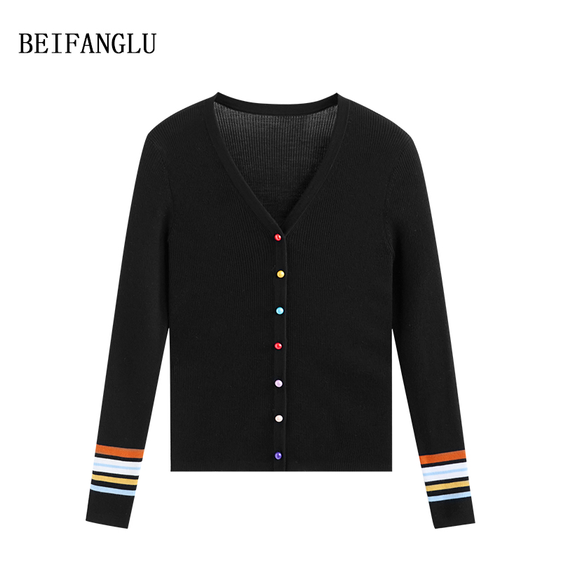 北方鹿 复古撞色彩扣设计感绵羊毛长袖V领针织开衫26118