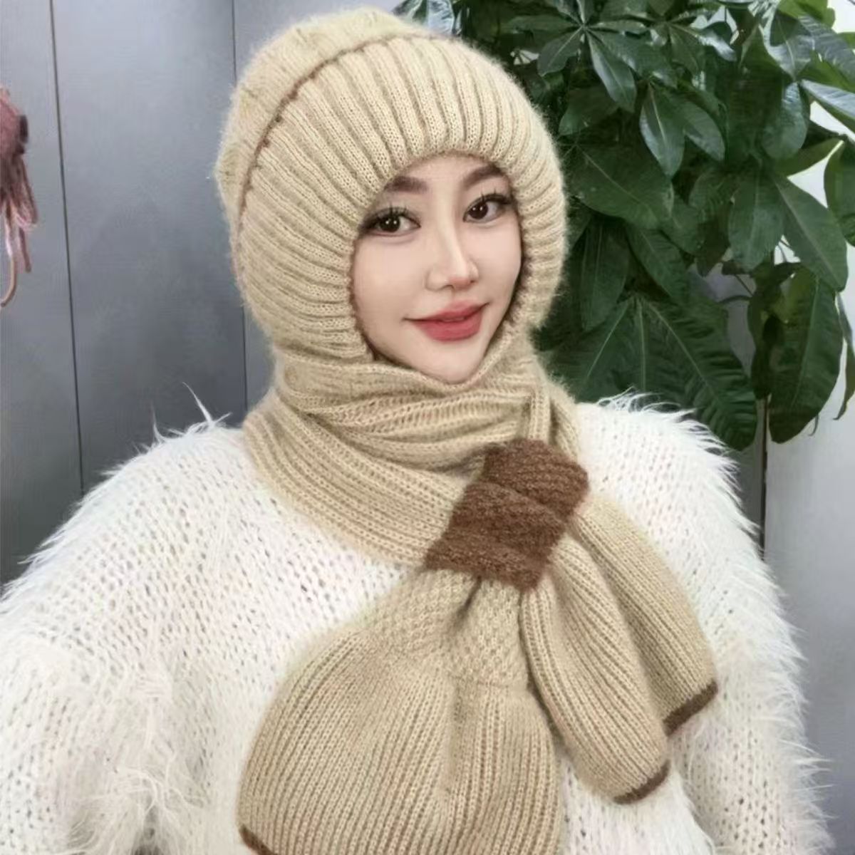 新款秋冬加绒加厚编织风雪帽时尚百搭女士冬天护耳朵帽子围巾一体