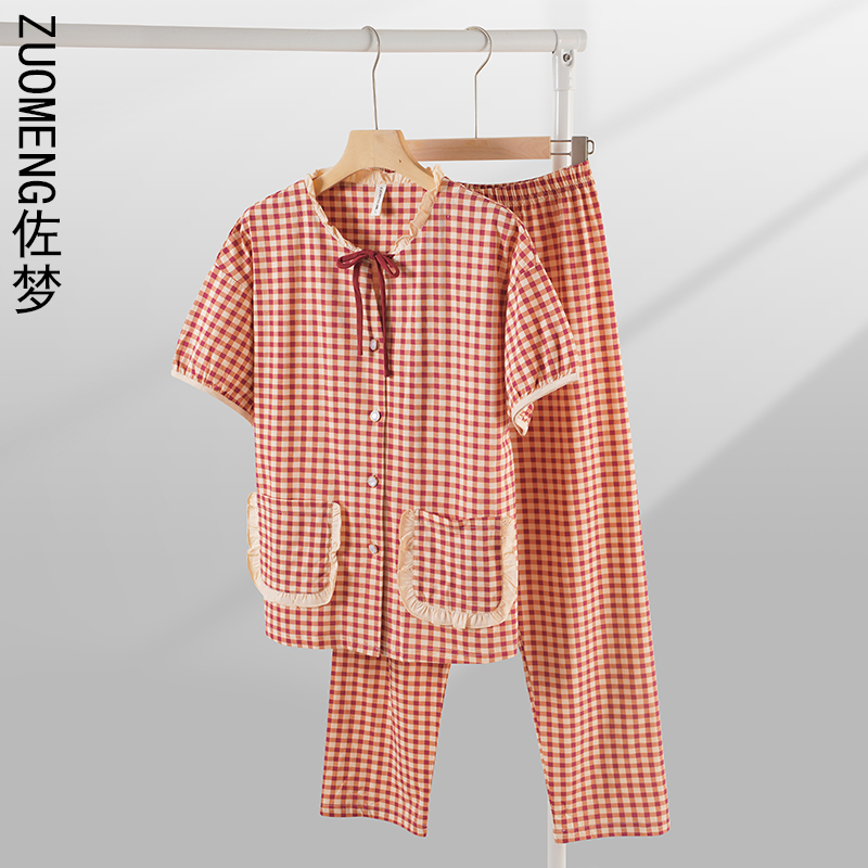 zuomeng/佐梦2025夏秋新款睡衣女短袖长裤格子可外穿家居服套装