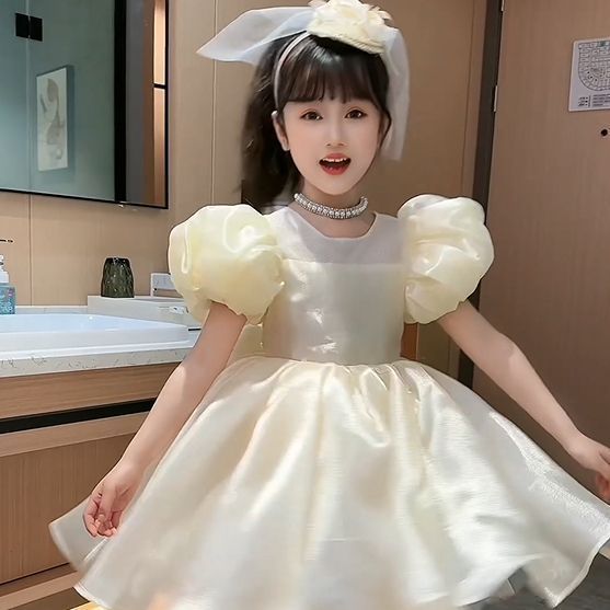 婴幼童夏装新款女童连衣裙宝宝网纱拼接泡泡袖礼服裙中小童公主TZ