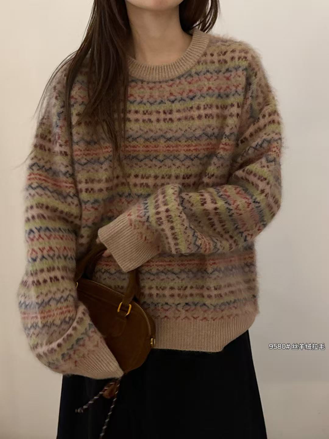 9580-32082 拉毛显白费尔岛复古套头毛衣服网红时尚毛针织衫