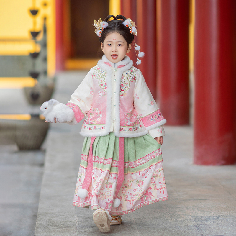 【粉绵绵】中小女童女宝加厚国风汉服绣花表演中国风冬季汉服襦裙