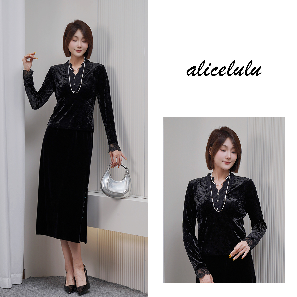 1[alicelulu]法式蕾丝花边拼接V领丝绒打底衫上衣S2144859E