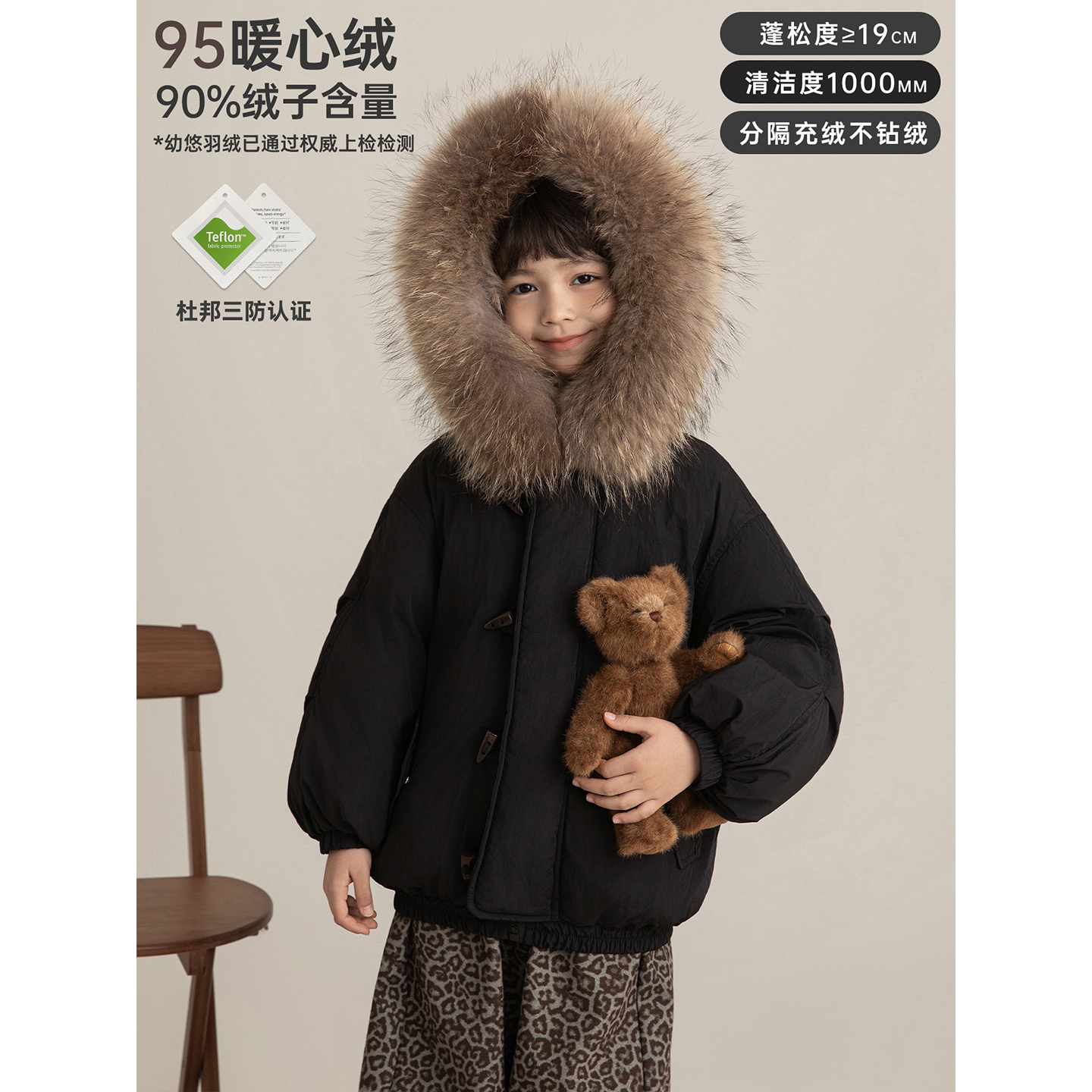 幼悠女童冬季大毛领保暖羽绒服时尚童装儿童加厚连帽派克服CD2020