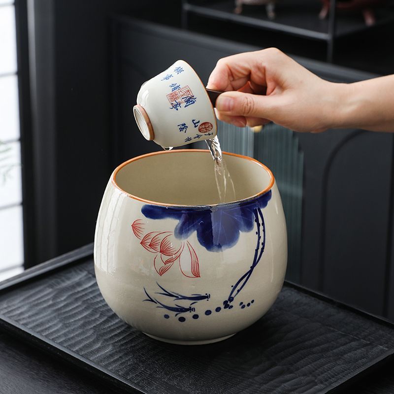 陶瓷茶洗家用高级感粗陶大号废水茶缸带过滤水盂建水桌面倒茶渣缸