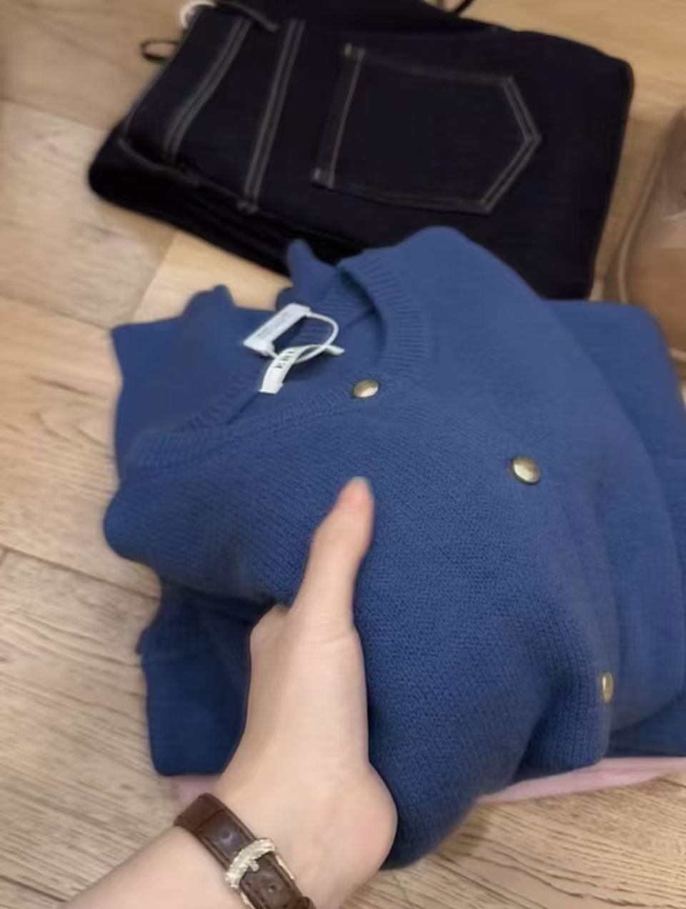 七言家高货100%羊！孔雀蓝小金扣软糯毛衣女士开衫3306