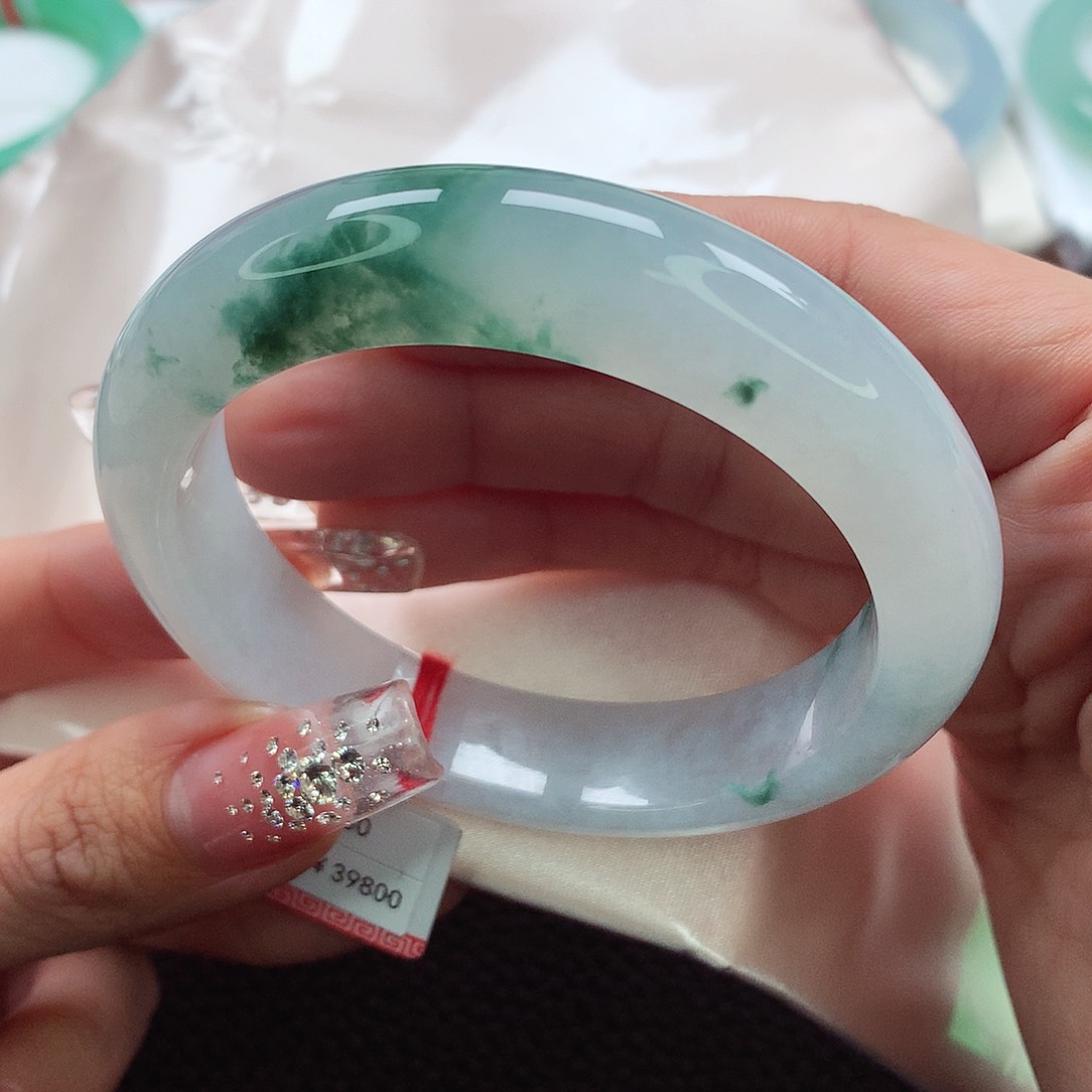 翡翠手镯未镶嵌55.56.57白冰绿花 宽版泥鳅背