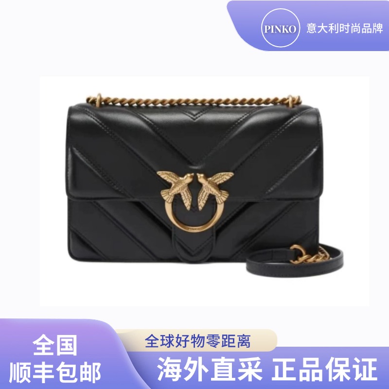 PINKO 金色金属配件 小牛皮 单肩斜挎包 大号 女款 黑色