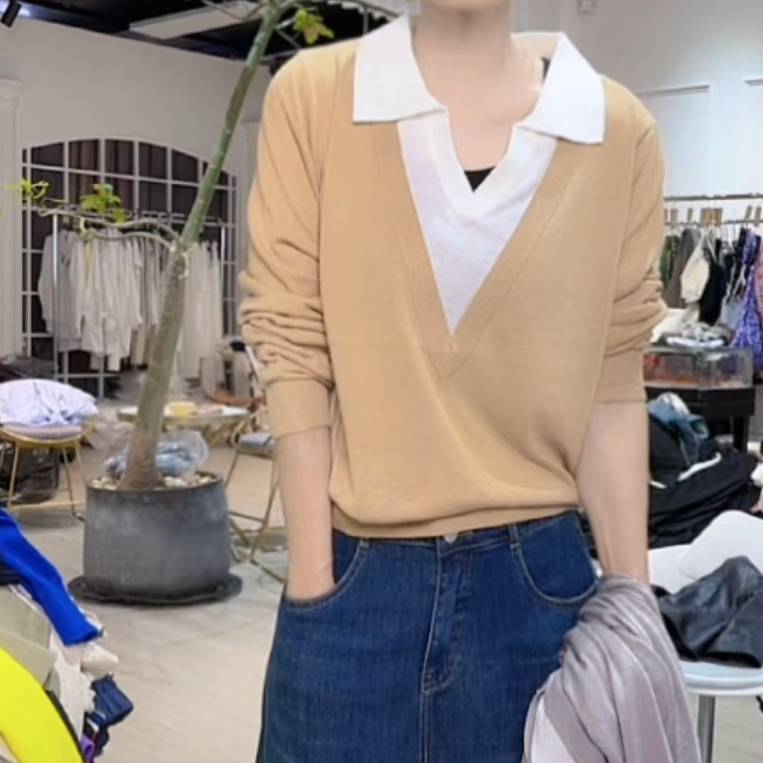 V领拼色假两件针织衫-果梓026