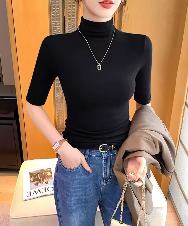 黑色中袖螺纹半高领T恤女 2025新款打底衫内搭春秋修身高级