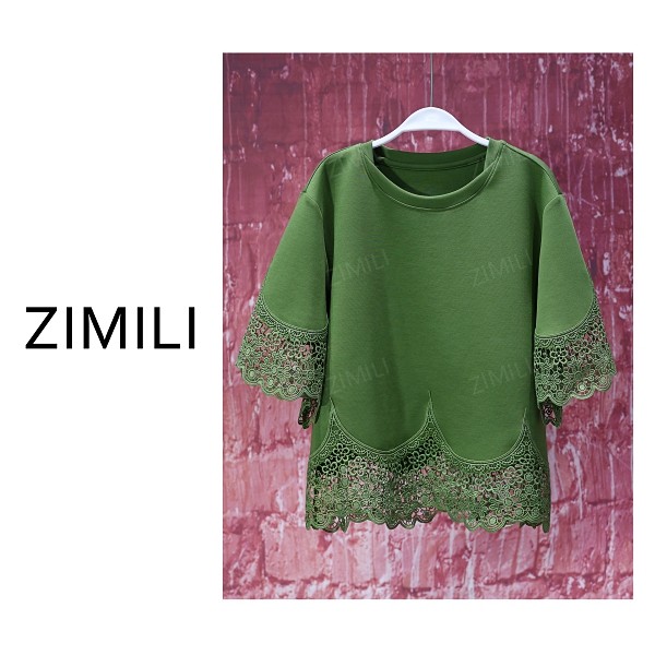 【亮哥女装】2025欧版重工设计秋葵绿拼接勾花蕾丝休闲短袖9338-B3