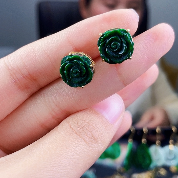 翡翠耳饰银S925镶嵌饰品