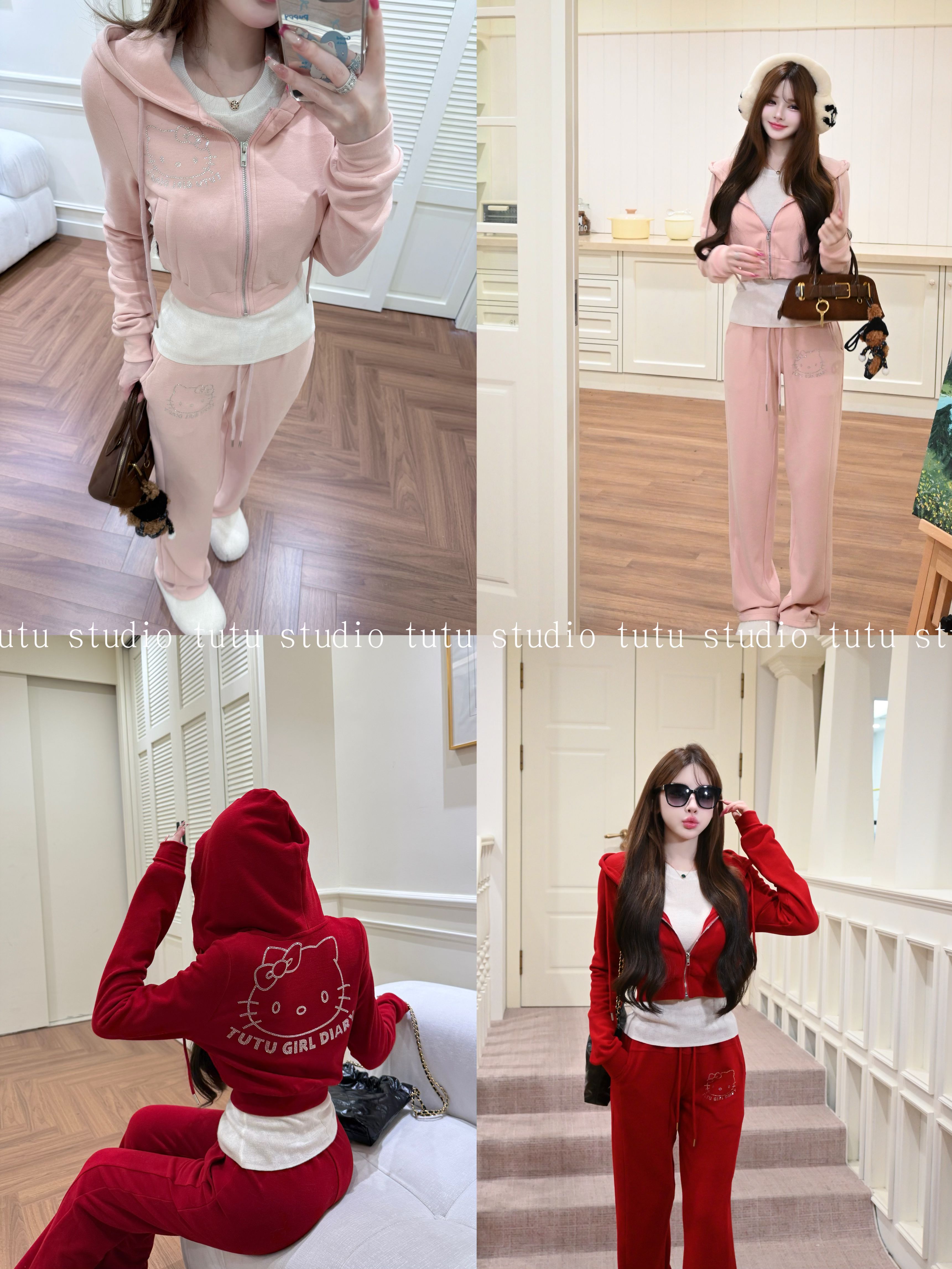 TUTU【淡人舒适区】秋冬时尚修身显瘦kitty猫外套长裤套装#TZ2205