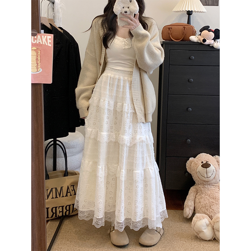 大码高级感蕾丝半身裙女早秋高腰蛋糕裙遮肚子显瘦a字裙子