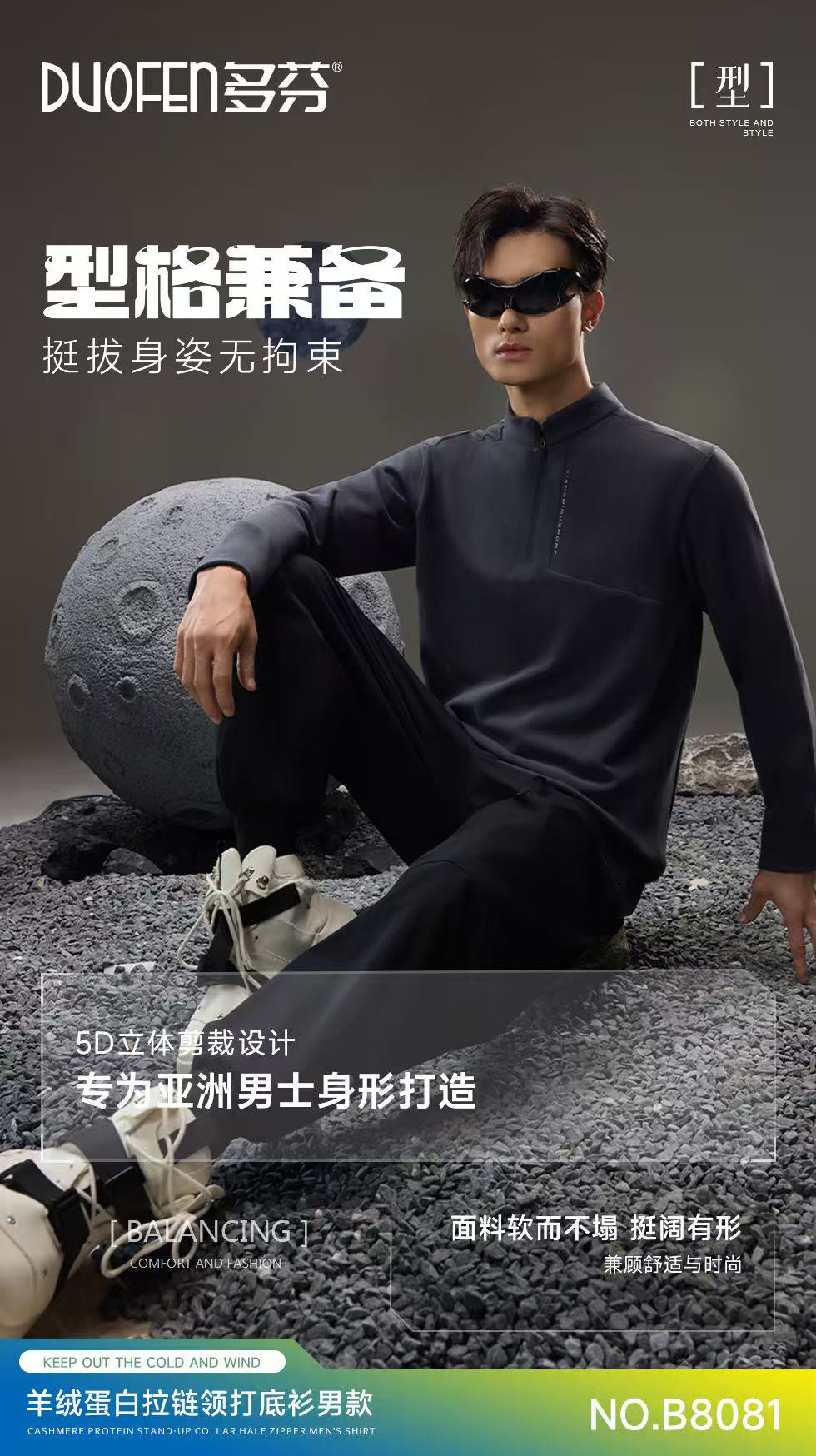 B8081羊绒蛋白拉链领打底衫男款